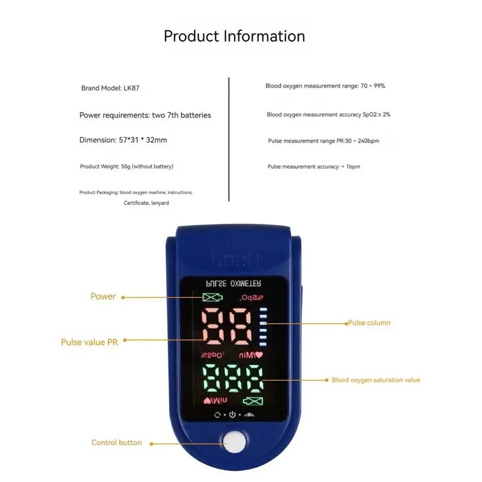 The Finger Pulse Oximeter with LED has solid and durable construction and offers reliable measurements which are displayed on a bright LED screen. Its lightweight and anatomical design make the process of monitoring your oxygen saturation and heart rate easy and immediate.