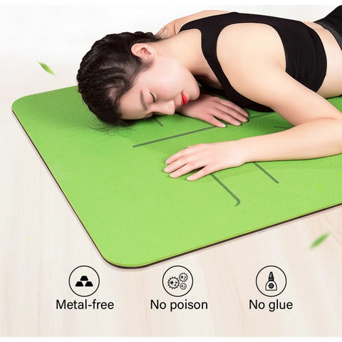 This double layered non slip yoga/pilates mat boasts position lines for guidance Helps you stay in shape, soft rebound, closed-cell foaming, high-density cushioning, comfortable to the touch and protects the joints Yoga mat is easy to clean, has moisture absorption and is breathable Double sided non-slip surfaces, exercise yoga mat comes with an excellent slip resistant advantage to prevent injuries. Non-toxic and Anti-bacteria.