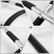 Material: The pull up bar has a spring steel tube and high-density non-slip foam handles that ensures durability and stability.  Proper Doorway Width: 24-32 inches; neutral uses leverage to hold against the doorway so there are no screws; no damage to the door; installs in seconds.  Multiple Uses: Chin-ups, push-ups, sit-ups, etc., strengthen your back, biceps, and other upper body muscles in the comfort of your home gym with this multi-functional pull up bar.