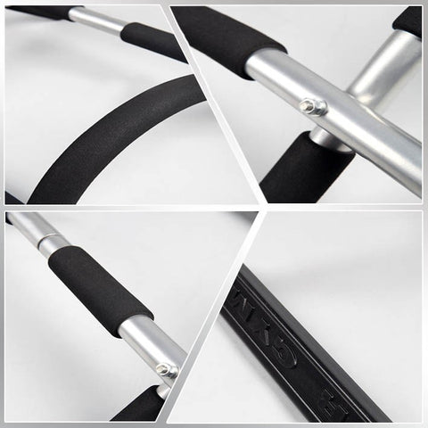 Material: The pull up bar has a spring steel tube and high-density non-slip foam handles that ensures durability and stability.  Proper Doorway Width: 24-32 inches; neutral uses leverage to hold against the doorway so there are no screws; no damage to the door; installs in seconds.  Multiple Uses: Chin-ups, push-ups, sit-ups, etc., strengthen your back, biceps, and other upper body muscles in the comfort of your home gym with this multi-functional pull up bar.