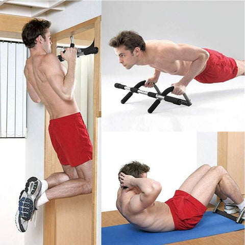 Material: The pull up bar has a spring steel tube and high-density non-slip foam handles that ensures durability and stability.  Proper Doorway Width: 24-32 inches; neutral uses leverage to hold against the doorway so there are no screws; no damage to the door; installs in seconds.  Multiple Uses: Chin-ups, push-ups, sit-ups, etc., strengthen your back, biceps, and other upper body muscles in the comfort of your home gym with this multi-functional pull up bar.