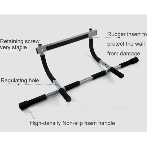 Material: The pull up bar has a spring steel tube and high-density non-slip foam handles that ensures durability and stability.  Proper Doorway Width: 24-32 inches; neutral uses leverage to hold against the doorway so there are no screws; no damage to the door; installs in seconds.  Multiple Uses: Chin-ups, push-ups, sit-ups, etc., strengthen your back, biceps, and other upper body muscles in the comfort of your home gym with this multi-functional pull up bar.