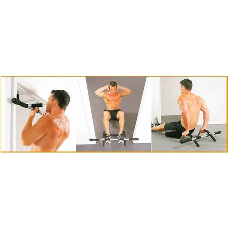 Material: The pull up bar has a spring steel tube and high-density non-slip foam handles that ensures durability and stability.  Proper Doorway Width: 24-32 inches; neutral uses leverage to hold against the doorway so there are no screws; no damage to the door; installs in seconds.  Multiple Uses: Chin-ups, push-ups, sit-ups, etc., strengthen your back, biceps, and other upper body muscles in the comfort of your home gym with this multi-functional pull up bar.