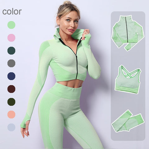 Premium Fabric – These leggings have 4-way stretch material to promote both soft and compression. Not only has the features of high elastic but also good rebound resilience, moisture wicking and quick dry. Multi-Function – Seamless sports bra with removeable pads, cross back. Thumb hole design at the wrists, the sleeve won't ride up when you exercise, it can also reduce friction and keep warm. Vertical collar front zipper design, easy to wear and take off.