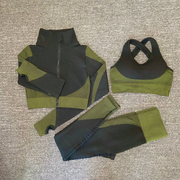 Premium Fabric – These leggings have 4-way stretch material to promote both soft and compression. Not only has the features of high elastic but also good rebound resilience, moisture wicking and quick dry. Multi-Function – Seamless sports bra with removeable pads, cross back. Thumb hole design at the wrists, the sleeve won't ride up when you exercise, it can also reduce friction and keep warm. Vertical collar front zipper design, easy to wear and take off.
