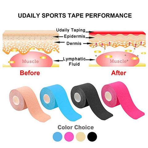 Do you have an injury and tired of tape that won't stick or stay in place? Tape that is either too thin or not strong enough, that needs 2 people to apply it properly. Then look no further than our Kinesiology Tape! Our tape will not loose tension or slide out of place so you can concentrate on your workout and not the tape. The Kinesiology Tape is extremely strong and is designed to move with your muscles as you perform any sport of your choice.