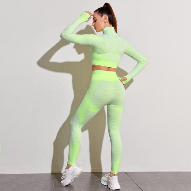 Premium Fabric – These leggings have 4-way stretch material to promote both soft and compression. Not only has the features of high elastic but also good rebound resilience, moisture wicking and quick dry. Multi-Function – Seamless sports bra with removeable pads, cross back. Thumb hole design at the wrists, the sleeve won't ride up when you exercise, it can also reduce friction and keep warm. Vertical collar front zipper design, easy to wear and take off.
