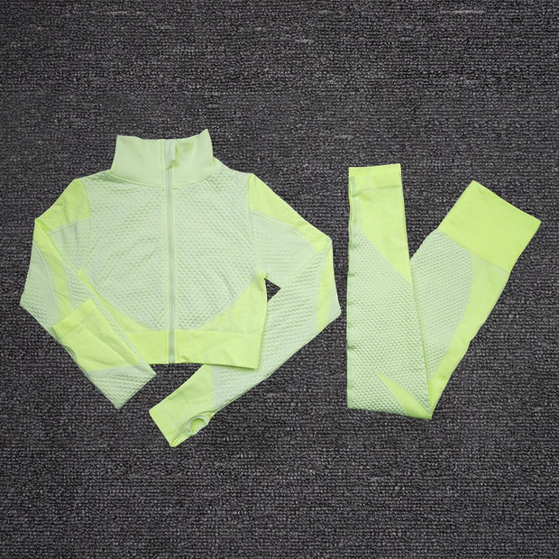 Premium Fabric – These leggings have 4-way stretch material to promote both soft and compression. Not only has the features of high elastic but also good rebound resilience, moisture wicking and quick dry. Multi-Function – Seamless sports bra with removeable pads, cross back. Thumb hole design at the wrists, the sleeve won't ride up when you exercise, it can also reduce friction and keep warm. Vertical collar front zipper design, easy to wear and take off.
