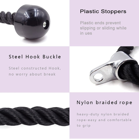 CONSTRUCTION – The triceps rope is made of heavy duty 1. 5-inch rope, great for bodybuilding. FEATURES – Rubber ends keep user's hands from slipping off. BUILD MUSCLE – Great attachment for developing triceps and upper body mass. SPECS – Steel Single-head drawstring length: 36cm. SPECS – Double-head drawstring length: 70/90cm