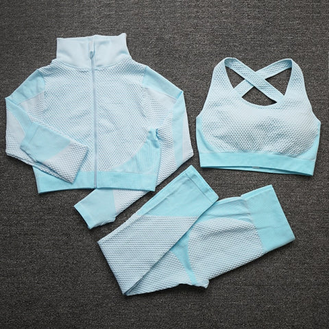 Premium Fabric – These leggings have 4-way stretch material to promote both soft and compression. Not only has the features of high elastic but also good rebound resilience, moisture wicking and quick dry. Multi-Function – Seamless sports bra with removeable pads, cross back. Thumb hole design at the wrists, the sleeve won't ride up when you exercise, it can also reduce friction and keep warm. Vertical collar front zipper design, easy to wear and take off.