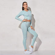 Excellent Material - This yoga workout set for women is made of nylon and spandex. The fabric is thick and is non see through. Lightweight, comfortable, stretchy, flattering and compressive, totally squat proof. Seamless microfiber technology is moisture wicking, quick drying abilities to keep you cool and dry during any workout. Fashion Design: This yoga set has the ribbed texture design. The high waist compression athletic seamless leggings are perfect for tummy control.
