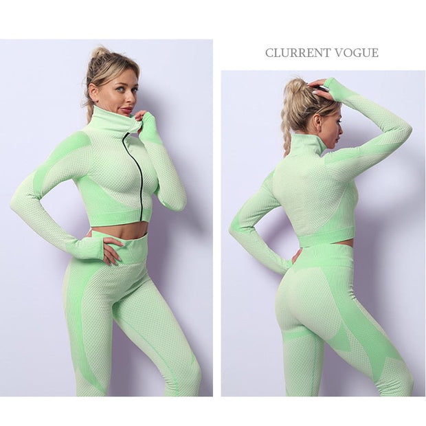 Premium Fabric – These leggings have 4-way stretch material to promote both soft and compression. Not only has the features of high elastic but also good rebound resilience, moisture wicking and quick dry. Multi-Function – Seamless sports bra with removeable pads, cross back. Thumb hole design at the wrists, the sleeve won't ride up when you exercise, it can also reduce friction and keep warm. Vertical collar front zipper design, easy to wear and take off.