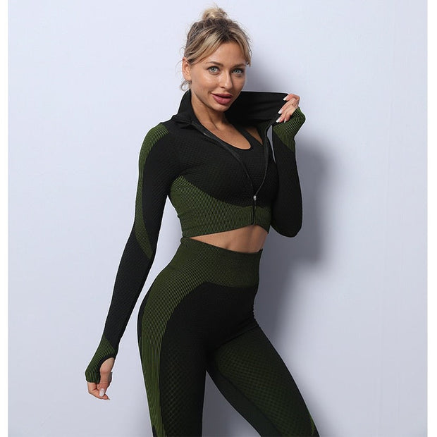 Premium Fabric – These leggings have 4-way stretch material to promote both soft and compression. Not only has the features of high elastic but also good rebound resilience, moisture wicking and quick dry. Multi-Function – Seamless sports bra with removeable pads, cross back. Thumb hole design at the wrists, the sleeve won't ride up when you exercise, it can also reduce friction and keep warm. Vertical collar front zipper design, easy to wear and take off.