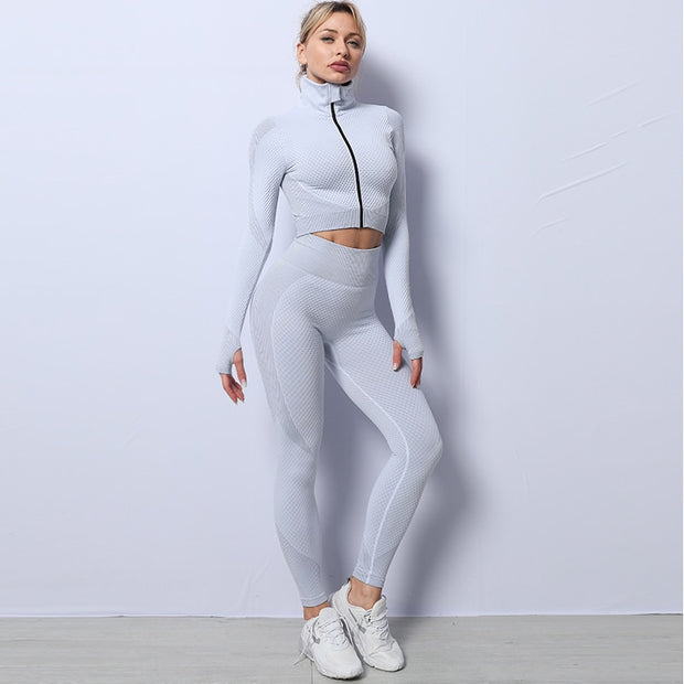 Premium Fabric – These leggings have 4-way stretch material to promote both soft and compression. Not only has the features of high elastic but also good rebound resilience, moisture wicking and quick dry. Multi-Function – Seamless sports bra with removeable pads, cross back. Thumb hole design at the wrists, the sleeve won't ride up when you exercise, it can also reduce friction and keep warm. Vertical collar front zipper design, easy to wear and take off.