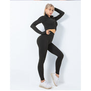 Premium Fabric – These leggings have 4-way stretch material to promote both soft and compression. Not only has the features of high elastic but also good rebound resilience, moisture wicking and quick dry. Multi-Function – Seamless sports bra with removeable pads, cross back. Thumb hole design at the wrists, the sleeve won't ride up when you exercise, it can also reduce friction and keep warm. Vertical collar front zipper design, easy to wear and take off.