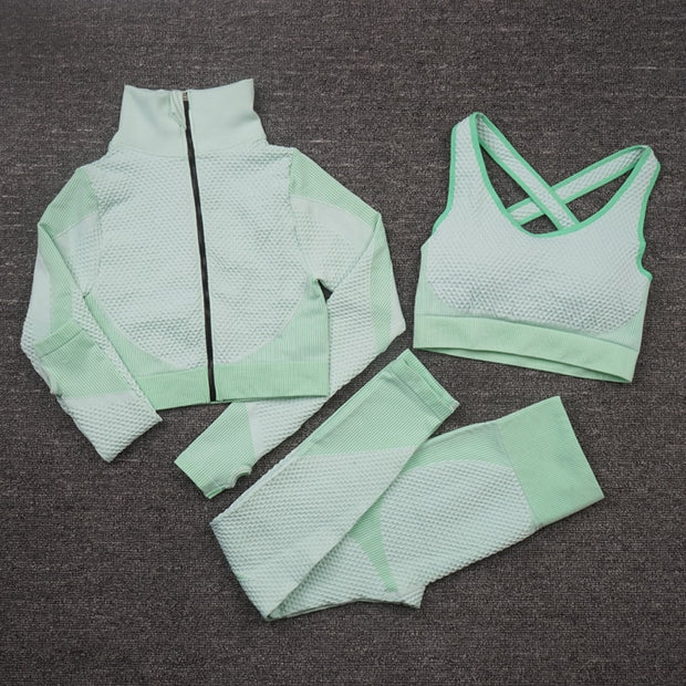 Premium Fabric – These leggings have 4-way stretch material to promote both soft and compression. Not only has the features of high elastic but also good rebound resilience, moisture wicking and quick dry. Multi-Function – Seamless sports bra with removeable pads, cross back. Thumb hole design at the wrists, the sleeve won't ride up when you exercise, it can also reduce friction and keep warm. Vertical collar front zipper design, easy to wear and take off.
