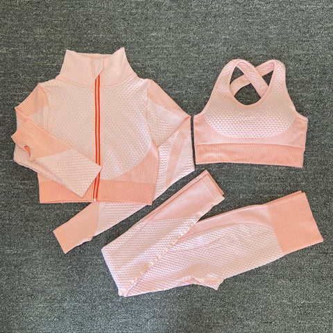 Premium Fabric – These leggings have 4-way stretch material to promote both soft and compression. Not only has the features of high elastic but also good rebound resilience, moisture wicking and quick dry. Multi-Function – Seamless sports bra with removeable pads, cross back. Thumb hole design at the wrists, the sleeve won't ride up when you exercise, it can also reduce friction and keep warm. Vertical collar front zipper design, easy to wear and take off.