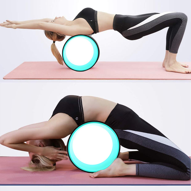 Yoga wheel measures 12” x 5” , the size is perfect for all levels of yoga and pilates. You can carry it to the gym, yoga studio or any where you practice yoga or pilates. The yoga roller wheel can not only improve balance & flexibility, build core strength and give support to numerous yoga poses like inversions and backbends, to prevent injuries, but also relieve back pain and stiffness. It is an excellent prop to improve your yoga level and master challenging yoga poses!